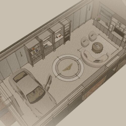Bentley in a garage designed by The Luxury Garage co.Bespoke garage interior design